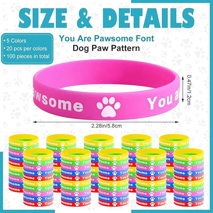100 Pieces Paw Print Silicone Bracelets You Are Pawsome Paw Print Silicone Wristband Paw Birthday Favor Puppy Party Favors Supplies Decorations Goodie Bag Favor Stuffers Multicolor