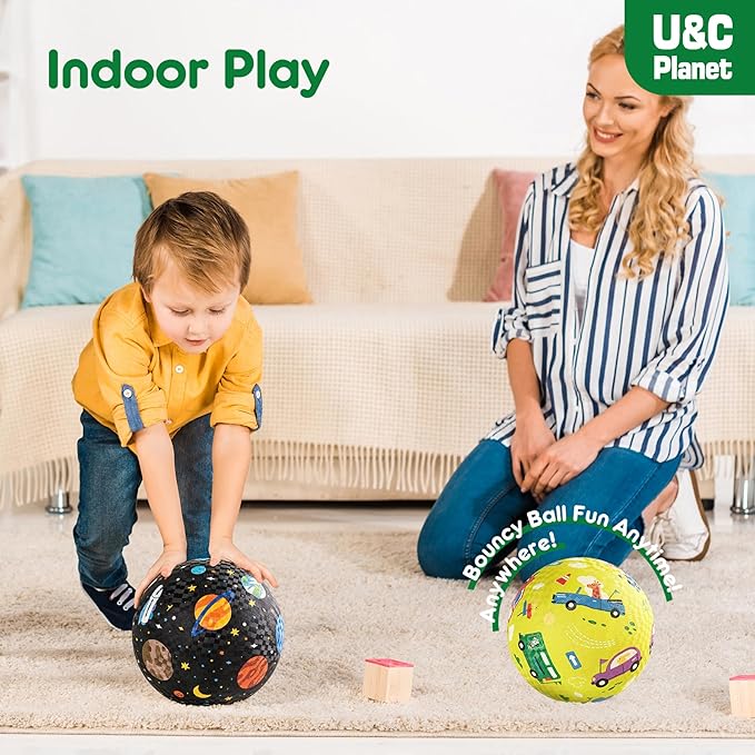 U&C Planet Playground Balls for Toddlers 1-3, 2 Pack 6 inch 8.5 inch Kickball for Kids Outdoor Indoor, Catoon Rubber Balls with Pump, Child Gift for Boys Girls 1-3 3-5 5-10