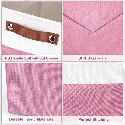 Bagnizer Storage Bins Large Fabric Storage Baskets for Shelves 3 Pack, Decorative Linen Closet Baskets with Handles for Organizing, Shelf, Clothes, Home, Office, 15x11x9.5Inches (Pink&White)