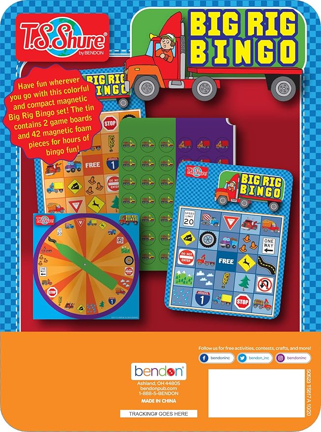 Bendon TS Shure Big Rig Trucks Bingo Games Mini Magnetic Activity Tin with Spinner and Foam Magnet Sheet 50523