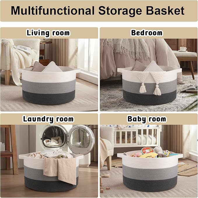 OIAHOMY 90L Blanket Basket for Living Room, Large Basket 23" x 23" x 13" with Handle, Laundry Hamper for Blankets, Pillows, Toy Storage for Kids, Dogs - Gardient Dark Grey