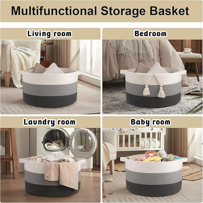 OIAHOMY 90L Blanket Basket for Living Room, Large Basket 23" x 23" x 13" with Handle, Laundry Hamper for Blankets, Pillows, Toy Storage for Kids, Dogs - Gardient Dark Grey