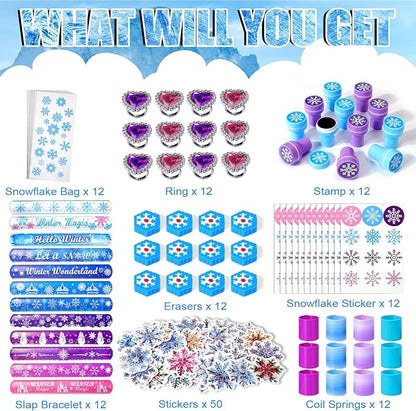 XANGNIER 134 Pcs Frozen Birthday Party Favors Decorations, Winter Frozen Party Supplies with Goodie Bag Snowflake Stickers Heart Ring Erasers Silicone Slap Bracelets Stamp Coil Springs