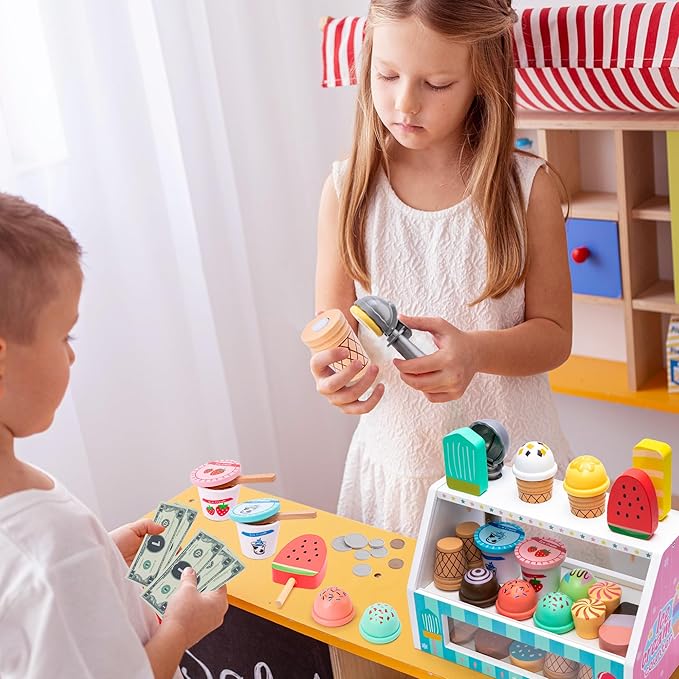 Meland Ice Cream Toy - Wooden Ice Cream Play Set with Aprons, Kids Toys for Toddlers Pretend Play, Toys for Girls Boys 3 4 5 6 7 Years Old Wooden Toys Play Store Playset for Kids Children Gift