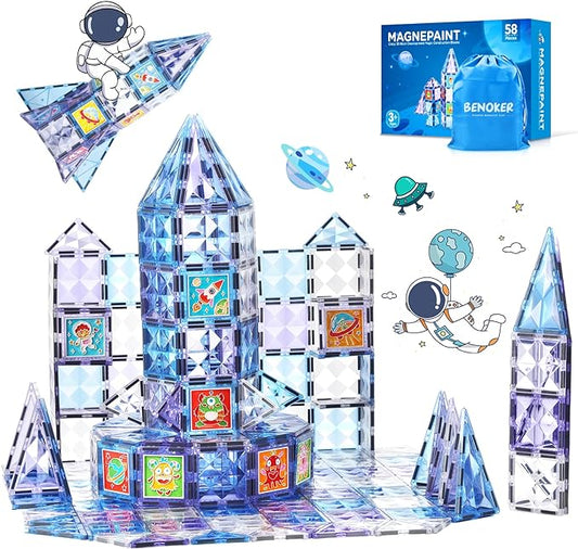 Magnetic Tiles Building Blocks, DIY Colorful Glue Gel Graffiti Painting Magnet Building Sets,STEM Educational Toys for Kids Compatible with Other Magnetic 3D Building Blocks