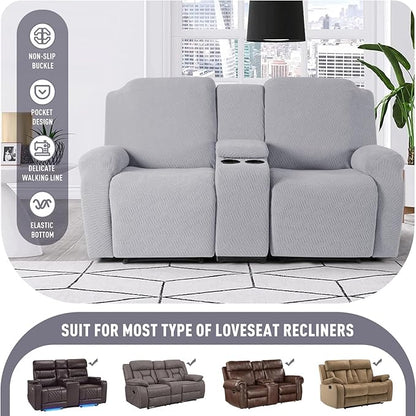 KinCam Loveseat Recliner Covers with Middle Console Slipcover, Recliner Sofa Covers 2 Seat Couch Cover Stripe Jacquard Furniture Protector Covers with Elastic Bottom for Kids, Pets (Silver Gray)