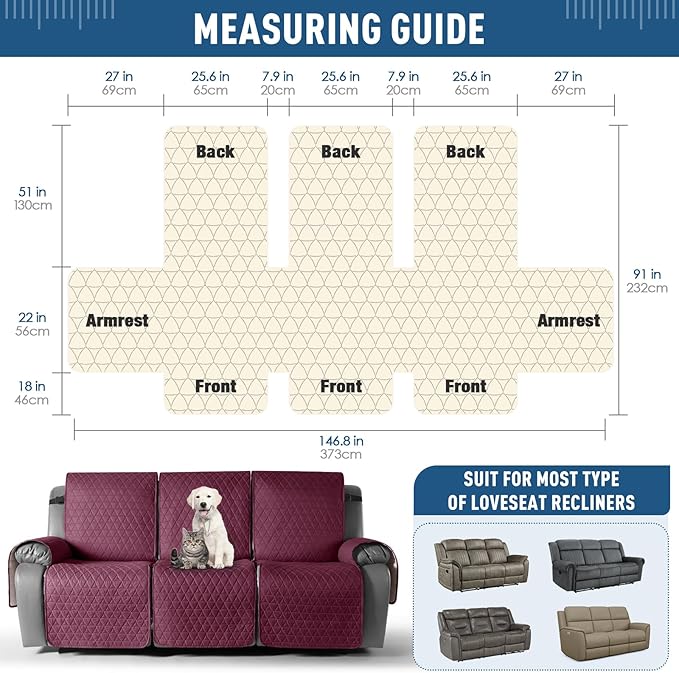 TAOCOCO 100% Waterproof Recliner Sofa Cover-Non Slip Split Couch Covers for Reclining Couches with Elastic Straps,Couch Covers for 3 Cushion Couch Sofa Pet Friendly(Wine, 3 Seater)