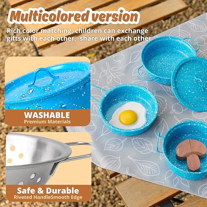 Kids Play Kitchen Toy Accessories Set Toddler Cooking Playset Colorful Stainless Steel Pots and Pans Birthday Gifts for 3+ Girls Boys (New Blue)
