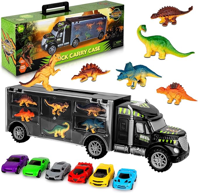 Aokesi Car Toys Transport Carrier Truck Dinosaur Toys for 3-12 Years Old Boys and Girls (Includes 6 Dinosaurs and 6 Mini Car)