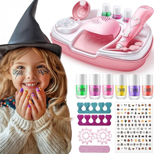 Geyiie Nail Polish Set Toys Nail Stickers, Nail Art Kits with Nail Dryer Glitter Pen for Girls, DIY Manicure Decoration Spooky Nail Decals Gifts