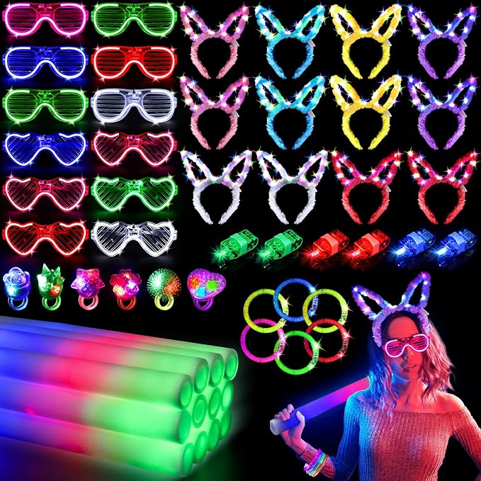 Glow in the Dark Party Supplies, Light Up Party Favors with 12 LED Glasses,Foam Glow Sticks,Light Up Headband, 6 Glow Bracelets,Finger Lights,Glow Rings for Kids Adults Neon Party Decorations