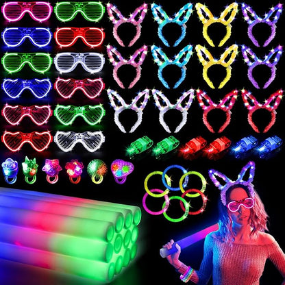 Glow in the Dark Party Supplies, Light Up Party Favors with 12 LED Glasses,Foam Glow Sticks,Light Up Headband, 6 Glow Bracelets,Finger Lights,Glow Rings for Kids Adults Neon Party Decorations