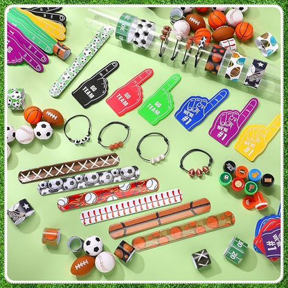 Aoriher 120 Pcs Sport Balls Party Favors Set Serve 24, Basketball Football Soccer Goodie Foam Finger Mini Stress Ball Slap Bracelet Charm Bracelet Stamp for Kids Party Supplies (Sports Ball)