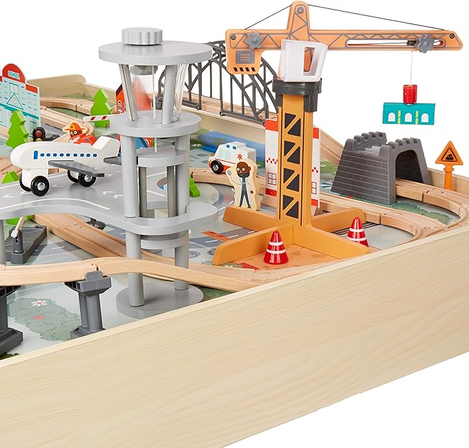 Amazon Basics 120 Piece Wooden Train Set and Table-kids Gift for Age 3Y+, Multi, Product dimensions: 47.4 x 33.46 x 16.14 inches