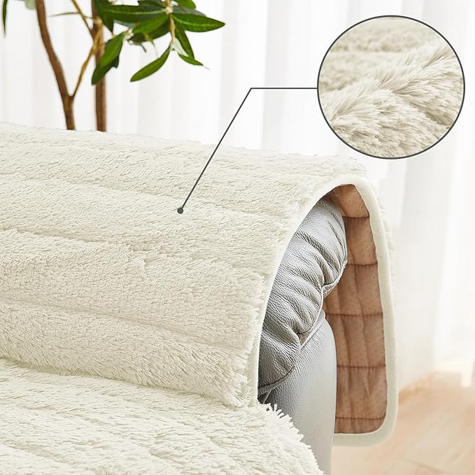 RBSC Home Plush Recliner Slipcover 38 Inches Ivory Chair Covers Artificial Wool Lazy Boy Cover Soft Warm Cover for Recliner Chairs and Furniture Soft Warm