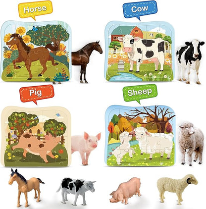 Wooden Farm Animal Puzzles for Kids Ages 4-6, 4 in 1 Gift Box 4-Pack 20-Piece Jigsaw Puzzles Come with 4 Small Animal Figures,Preschool Educational Toys Gifts for Kids Boys Girls Ages 3+