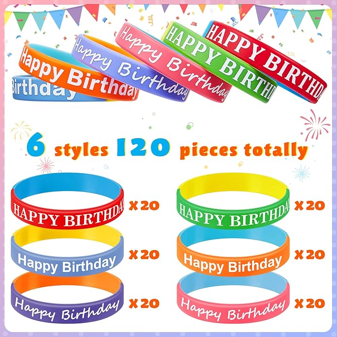 Sratte 120 Pcs Happy Birthday Rubber Bracelets for Kids Stretch Wristbands Bulk Birthday Bracelets for Classroom Student Back to School Gift Teacher Birthday Party Favors Supplies