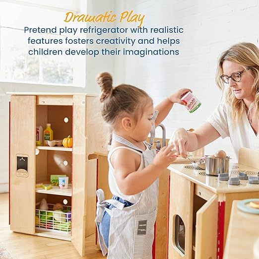 ECR4Kids Play Kitchen Refrigerator, Wooden Playset, Natural