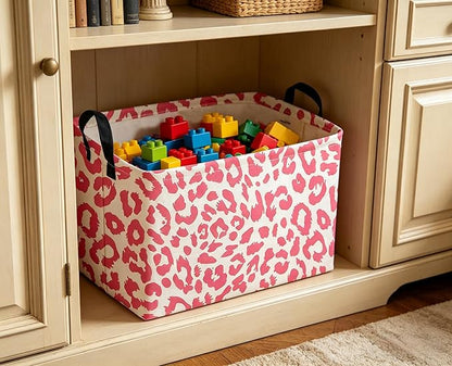 Sanjiaofeng Rectangular Kids Baskets,Leopard Print Basket,Pink Storage Basket with Handles,Waterproof Collapsible Storage Bin for Kids,Kid Room Decor,Books Box,Gift Basket(Leopard Print)