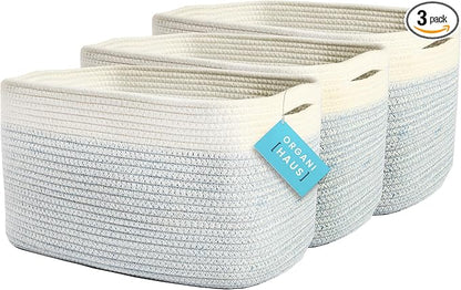 OrganiHaus Rope Baskets for Shelves - Set of 3 Woven Storage Baskets for Organizing, Closet & Toy Storage - Blue/White - 15x9x10