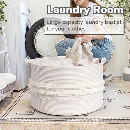 CherryNow 22"x22"x14" Large Blanket Basket, Home Décor for Living Room Bedroom, Boho Decorative Laundry Basket for Clothes, Baby Toy Storage, White