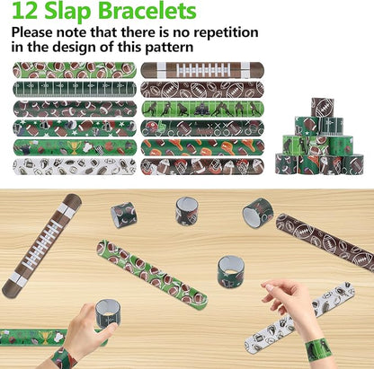 134 Pcs Football Party Favors Set 12 Silicone Bracelet 12 Whistles 12 Keychains 12 Slap Bracelet 12 Tattoo Stickers 12 Fidget Spinners 12 Gift Bags 50 Football Stickers for Football Party Supplies
