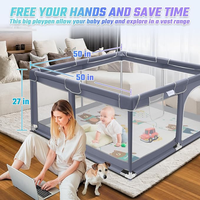 Suposeu Baby Playpen with Mat, Portable Baby Play Yard for Toddler, Safety Baby Gate playpen with Soft Breathable Mesh, Indoor and Outdoor, Large Kids Activity Centery (Grey)