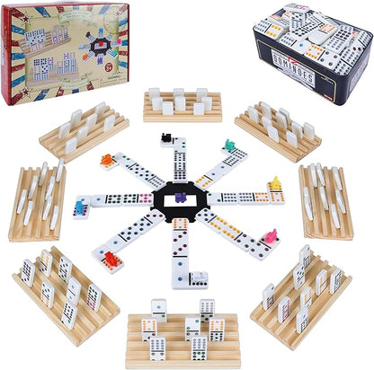 Double 12 Mexican Train Dominoes Set for Adults with 8pcs Wooden Trays, 9 Train Markers, 91 Color Dot Tile Dominos in Tin Box & Hub - Classic Family Board Game Set Party Toy Gift for Kids