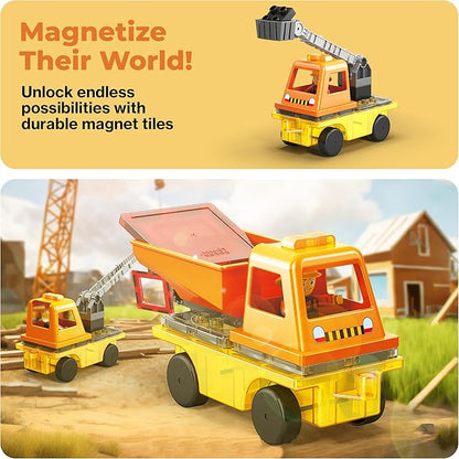 PicassoTiles Magnet Tile Building Blocks 3-in-1 Crane, Dump Truck, and Ladder Construction Vehicle Brick Compatible Magnetic Tiles Toy Set with Car Base Character Action STEM Learning Kit Age 3+ PTU03