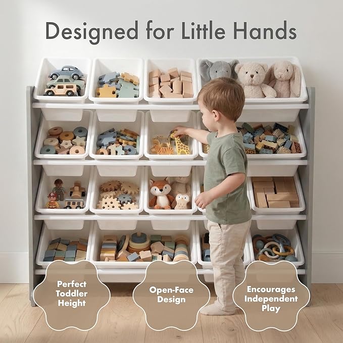 Humble Crew Supersized Toy Storage Organizer with 16 Removable Bins, Grey/White – Large Toy Storage for Toddlers Ideal for Kids' Rooms, Playrooms, and Nurseries - Modern Toy Bins for Kids