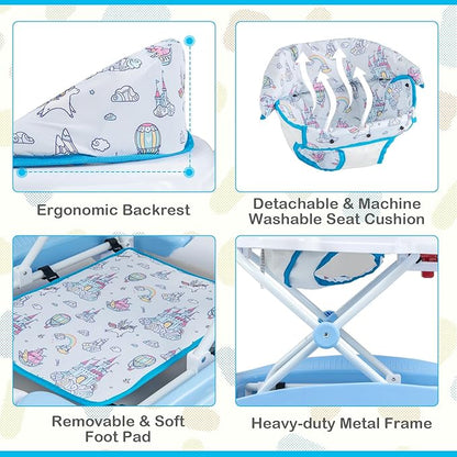 BABY JOY 6-in-1 Baby Walker, Foldable Baby Walker with Wheels, Adjustable Height, Music, Lights, Bouncer & Rocker Mode, Baby Walkers for Boys Girls 6-14 Months (Blue)