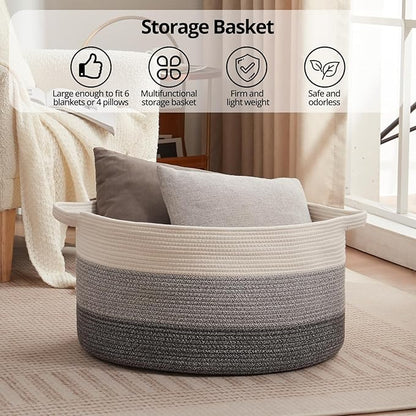 OIAHOMY 90L Blanket Basket for Living Room, Large Basket 23" x 23" x 13" with Handle, Laundry Hamper for Blankets, Pillows, Toy Storage for Kids, Dogs - Gradient Grey
