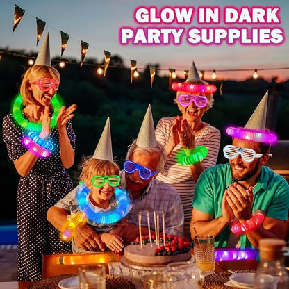 Glow in the Dark Party Favors Supplies for Kids 24 PCS, Valentines Glow Sticks & Neon Glasses for Toddlers, LED Light Up Bracelets Necklace Glasses Accessories Decorations for Birthday Wedding Dance