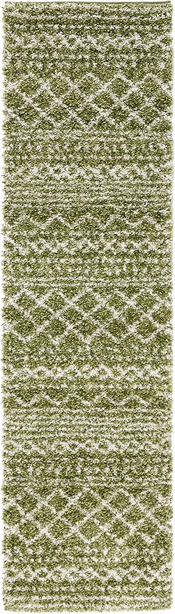 SAFAVIEH Arizona Shag Collection Runner Rug - 2'3" x 8', Green & Ivory, Moroccan Design, Non-Shedding & Easy Care, 1.6-inch Thick Ideal for High Traffic Areas in Living Room, Bedroom (ASG741X)