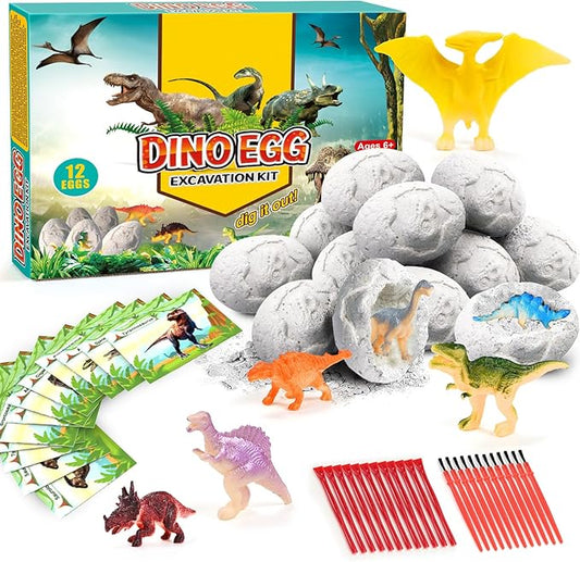 Dino Eggs Dig Kit, 12 Pack Dinosaur Eggs Excavation Set, Easter Gift Dinosaur Toys Science Experiments Kits with 12 Cards, Easter Basket Stuffers Toys for 3 4 5 6 7 8 9 10 11 Year Old Boys Girl