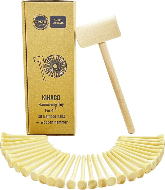 Hammering and Pounding Toys for Kids Include 1 Wood Hammer and 30 Bamboo Nails Improve Fine Motor Skills Friendly Natural Wooden Educational Montessori Toy for Childs DIY Birthday Gift for 4+