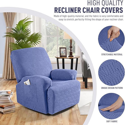 KinCam Recliner Covers, Stretch Reclining Chair Covers, Recliner Sofa Slipcovers Stripe Jacquard Recliner Couch Covers Furniture Protector Covers for Pet Kid (1 Seater, Lake Blue)