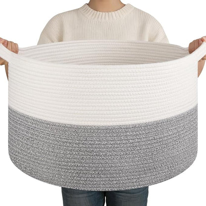 OIAHOMY Large Blanket Basket for Living Room, 19.7" x 12.6" Woven Cotton Rope Laundry Basket for Organizing Pillows, Decorative Stuffed Animal Toy Storage Bin for Nursery, White and Light Grey