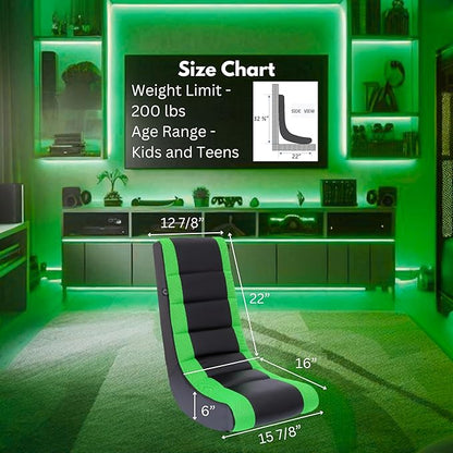 The Crew Furniture Classic Video Rocker Floor Gaming Chair, Kids and Teens, Racing Stripe PU Faux Leather & Polyester Mesh, Black/Green