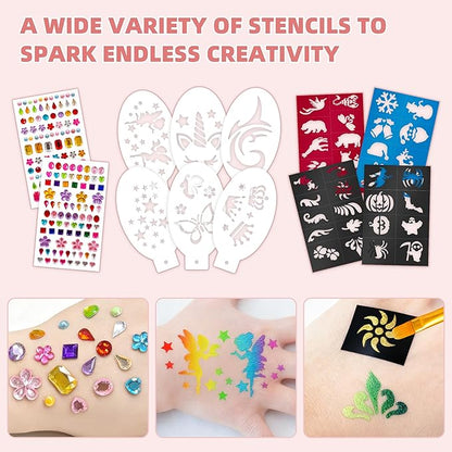 WUO Professional Face Painting Kit for Kids Adults, 12x10g Split Cake Palette with Stencils Sponge, Non-Toxic Water-Activated Rainbow Body Face Paint Makeup for Halloween Christmas & Costume Partie