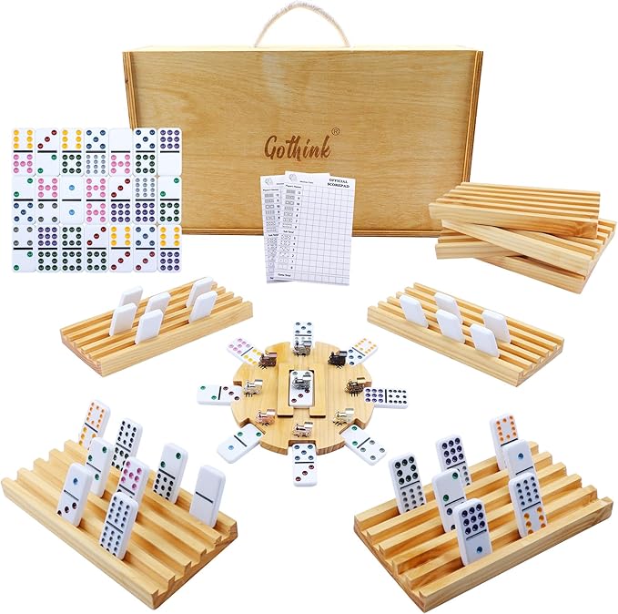 GOTHINK Mexican Train Dominoes Set, 91 Tiles Double 12 Dominos Set for Adults and Family, with Wooden Trays*8, Metal Trains*9, Wooden Hub & Scoreboards, Dominoes Tile Board Game in Storage Case Games