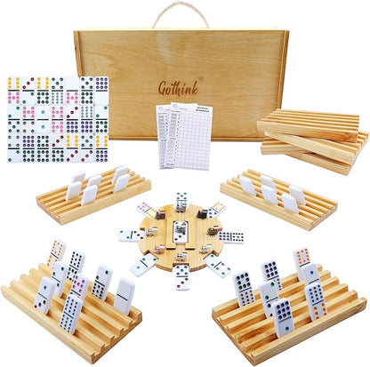 GOTHINK Mexican Train Dominoes Set, 91 Tiles Double 12 Dominos Set for Adults and Family, with Wooden Trays*8, Metal Trains*9, Wooden Hub & Scoreboards, Dominoes Tile Board Game in Storage Case Games