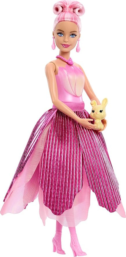 Barbie Petal Pop Scented Doll with Pink Tulip Dress & Accessories, Bouquet Reveal with Pet Bunny & Surprises Like Watering Can, Necklace & Earrings