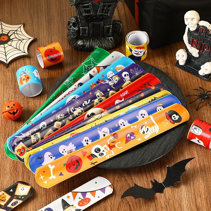 JUNEBRUSHS 56 Pack Halloween Slap Bracelets for Halloween Slap Bands Wristband Halloween Party Favors Snap Bracelets Bulk for Birthday Gifts Toys Party Bag Fillers