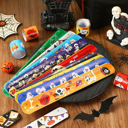 JUNEBRUSHS 56 Pack Halloween Slap Bracelets for Halloween Slap Bands Wristband Halloween Party Favors Snap Bracelets Bulk for Birthday Gifts Toys Party Bag Fillers