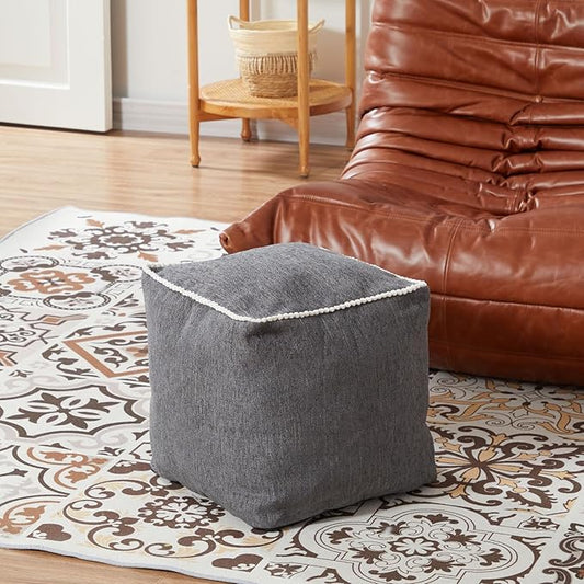 Louis Donné Unstuffed Pouf Ottoman Footstool Cover Gray Cottom Fabric for Storage, Decorative Washable Pouf Footstool with Trim Lace for Living Room House Warming Gifts(Only Cover)
