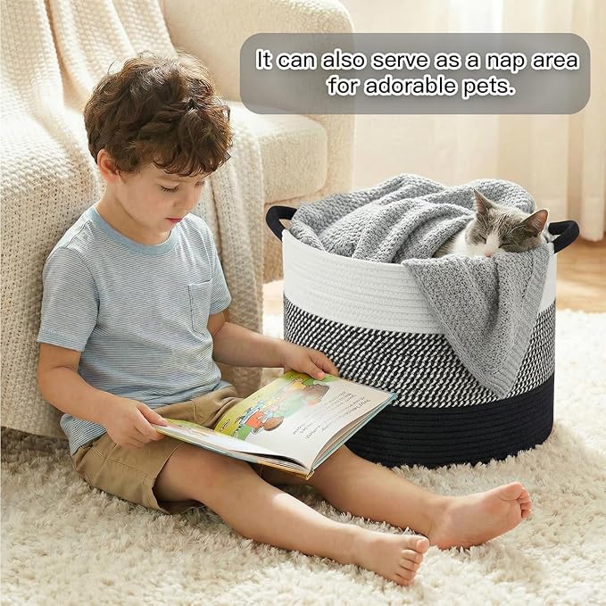 Artfeel 40L Large Cotton Rope Basket, Decorative Woven Blanket Storage for Living Room, Boho Toy Storage & Toy Box for Kids, Versatile Laundry Basket & Nursery Hamper for Blankets(Black)