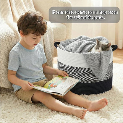 Artfeel 40L Large Cotton Rope Basket, Decorative Woven Blanket Storage for Living Room, Boho Toy Storage & Toy Box for Kids, Versatile Laundry Basket & Nursery Hamper for Blankets(Black)