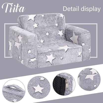 Tiita Kids Chair Couch, Folding Toddler Comfy Sofa Chairs, 2-in-1 Kids Plush Sofa Fold Out, Baby Armrest Chair Sofa to Lounger, Convertible Play Sofas to Bed for Girl or Boy, Grey Star