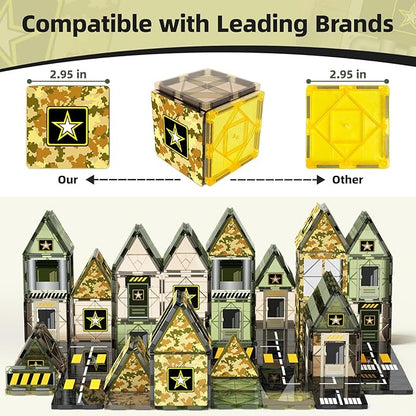 GobiDex Magnetic Tiles Army Toys, Military Magnet Tiles Building Blocks for Toddlers STEM Construction Preschool Toys for Kids Ages 3-5 4-8, 3+ Years Old Boys Girls Birthday Gifts Toys Army Men Games
